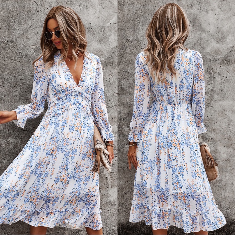 🆕Boho Floral Print Wavy Detailed Dress